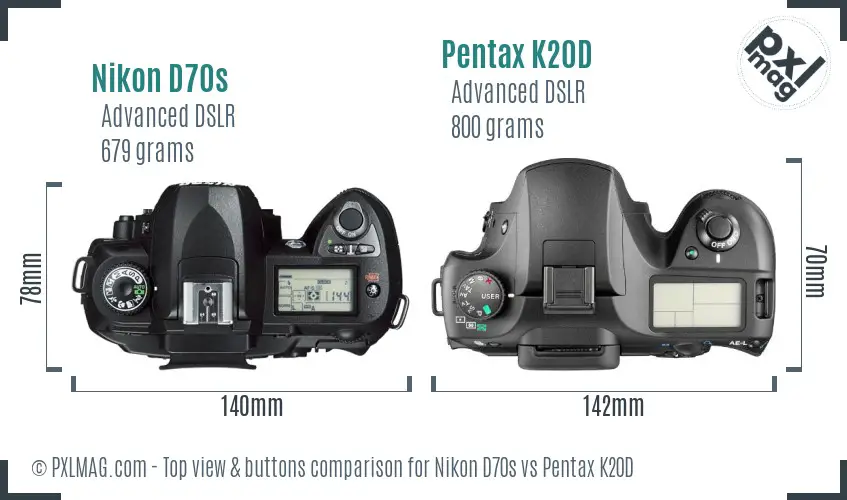 Nikon D70s vs Pentax K20D top view buttons comparison