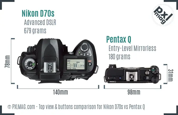 Nikon D70s vs Pentax Q top view buttons comparison
