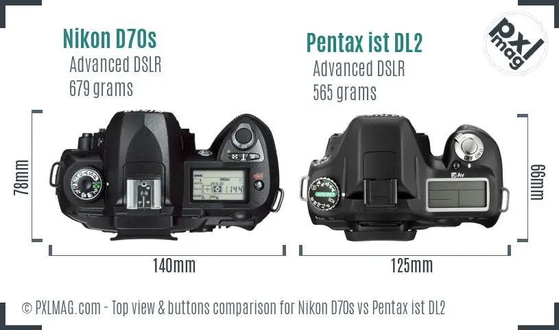 Nikon D70s vs Pentax ist DL2 top view buttons comparison