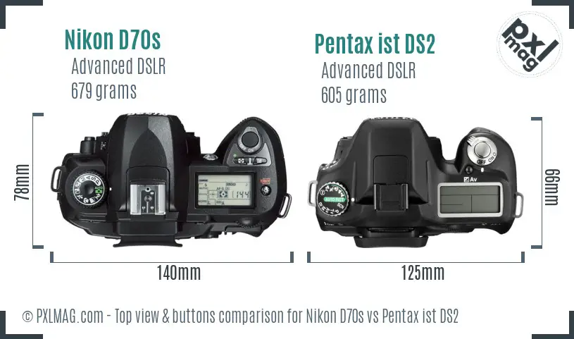 Nikon D70s vs Pentax ist DS2 top view buttons comparison
