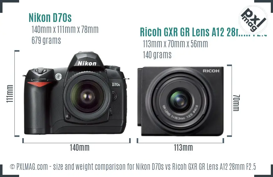 Nikon D70s vs Ricoh GXR GR Lens A12 28mm F2.5 size comparison