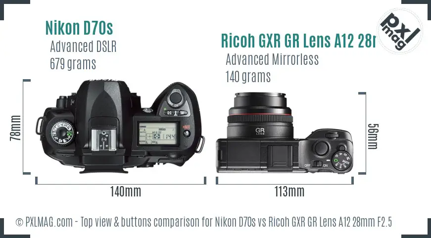 Nikon D70s vs Ricoh GXR GR Lens A12 28mm F2.5 top view buttons comparison