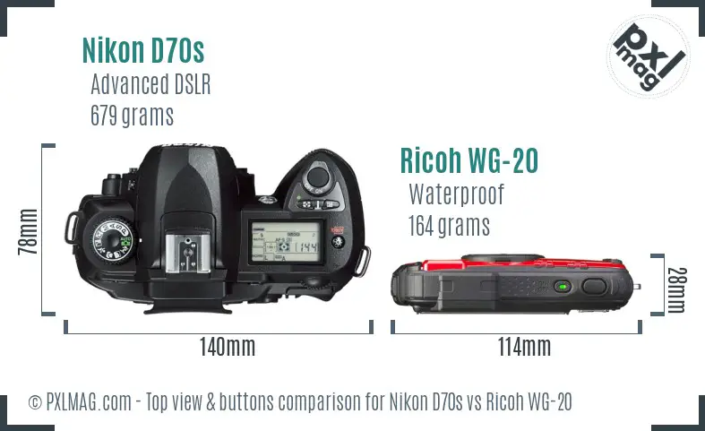 Nikon D70s vs Ricoh WG-20 top view buttons comparison