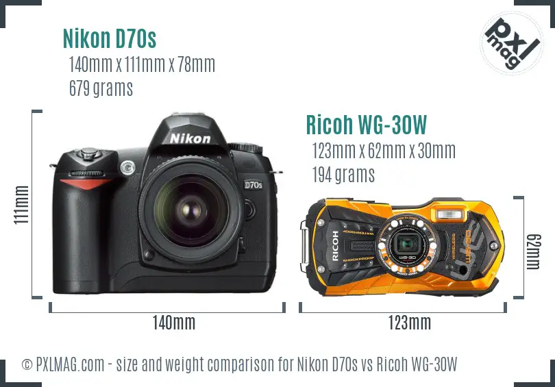 Nikon D70s vs Ricoh WG-30W size comparison
