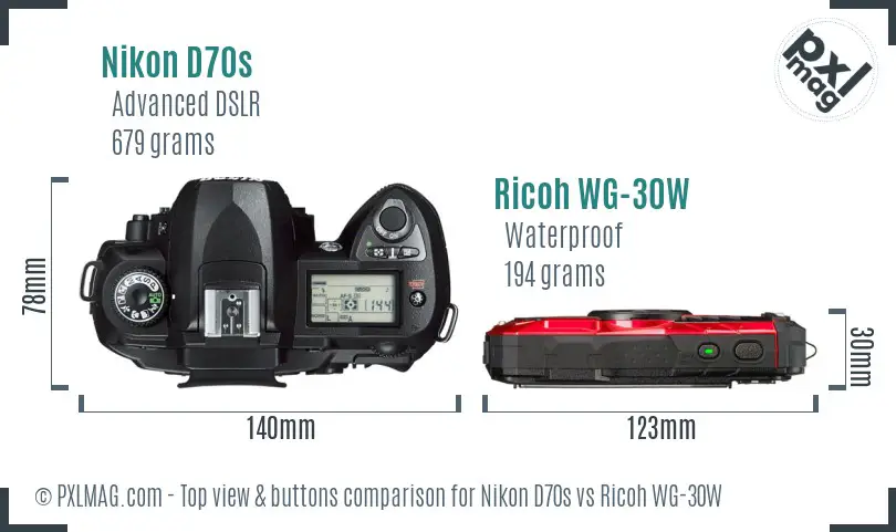 Nikon D70s vs Ricoh WG-30W top view buttons comparison