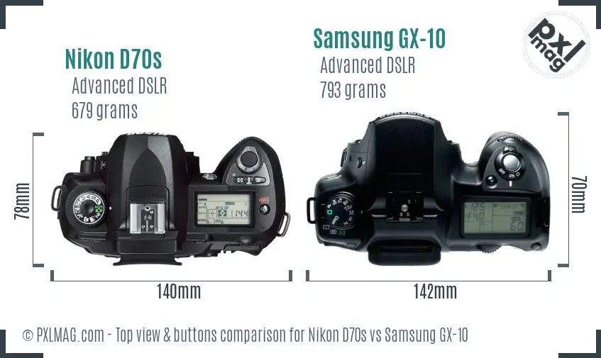 Nikon D70s vs Samsung GX-10 top view buttons comparison