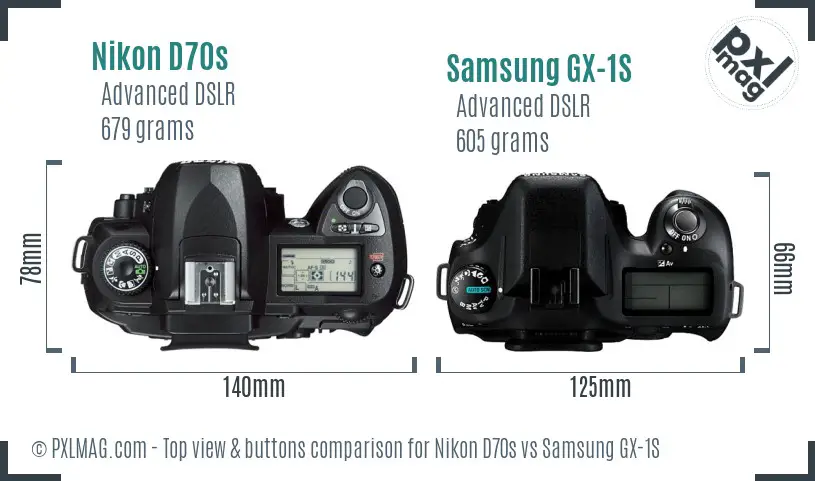 Nikon D70s vs Samsung GX-1S top view buttons comparison