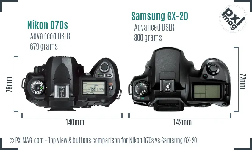 Nikon D70s vs Samsung GX-20 top view buttons comparison