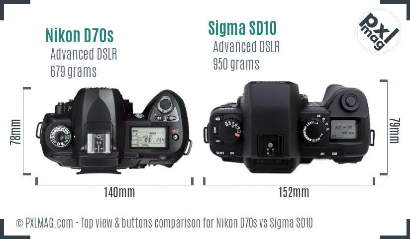 Nikon D70s vs Sigma SD10 top view buttons comparison