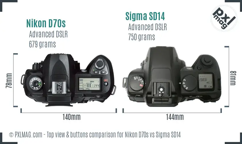 Nikon D70s vs Sigma SD14 top view buttons comparison Nikon D70s vs Sigma SD14 top view buttons comparison