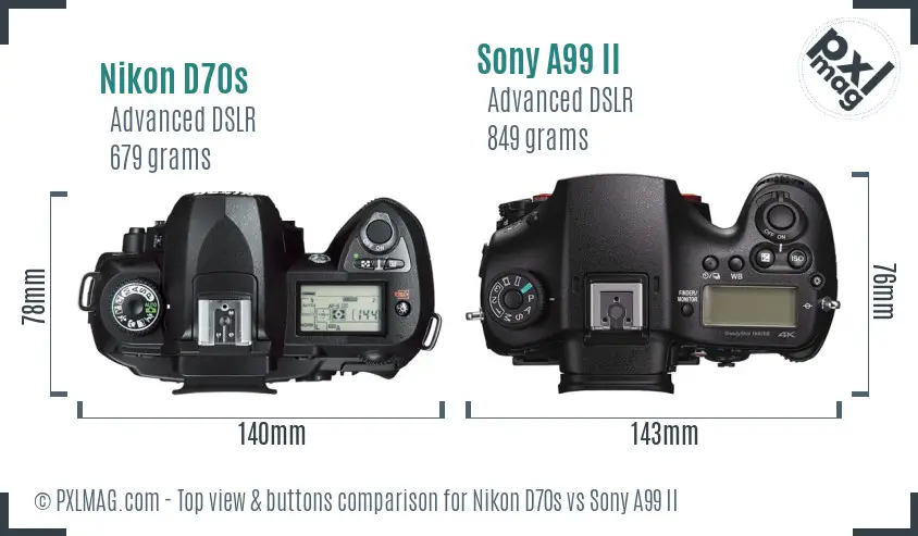 Nikon D70s vs Sony A99 II top view buttons comparison