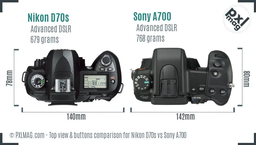 Nikon D70s vs Sony A700 top view buttons comparison