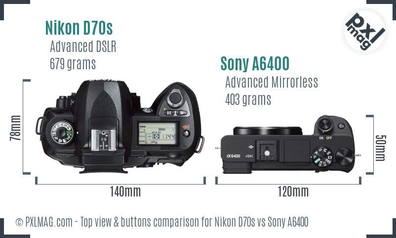 Nikon D70s vs Sony A6400 top view buttons comparison