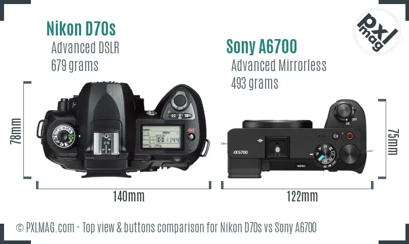 Nikon D70s vs Sony A6700 top view buttons comparison Nikon D70s vs Sony A6700 top view buttons comparison