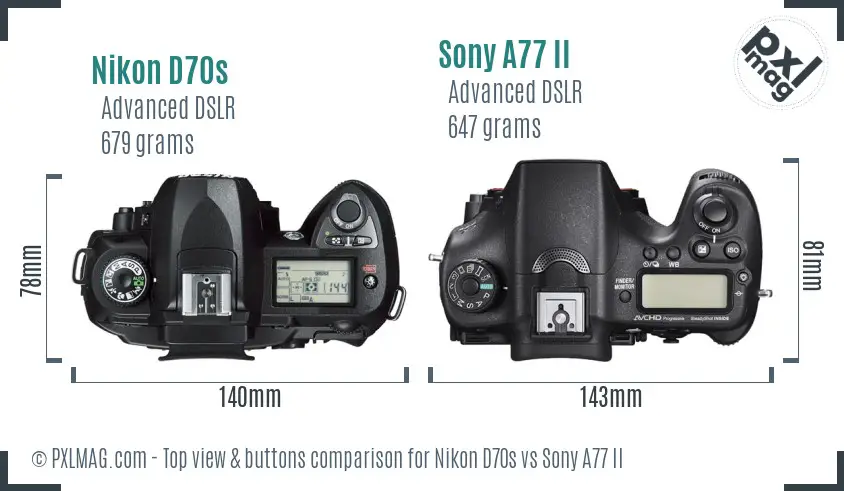 Nikon D70s vs Sony A77 II top view buttons comparison