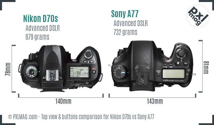 Nikon D70s vs Sony A77 top view buttons comparison