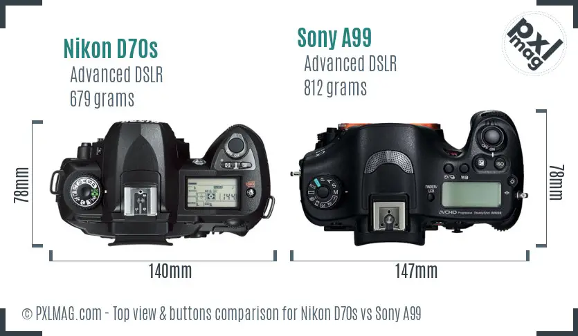 Nikon D70s vs Sony A99 top view buttons comparison
