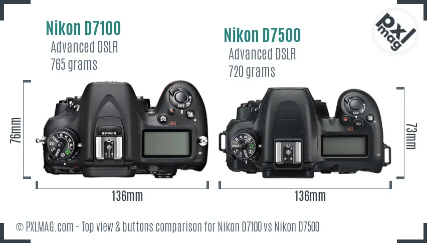 Nikon D7100 vs Nikon D7500 top view buttons comparison