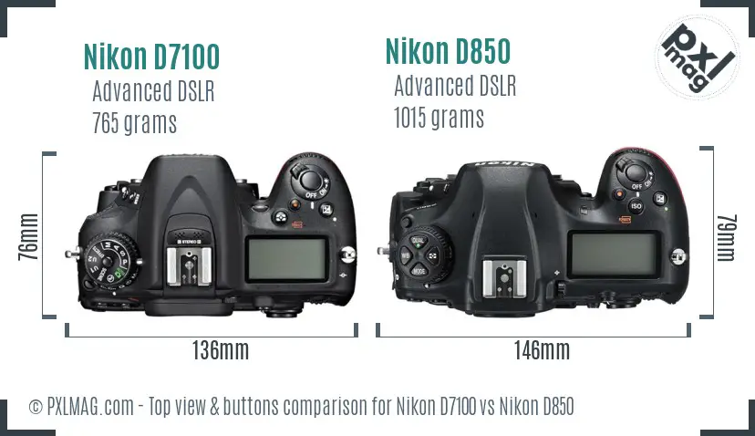 Nikon D7100 vs Nikon D850 top view buttons comparison