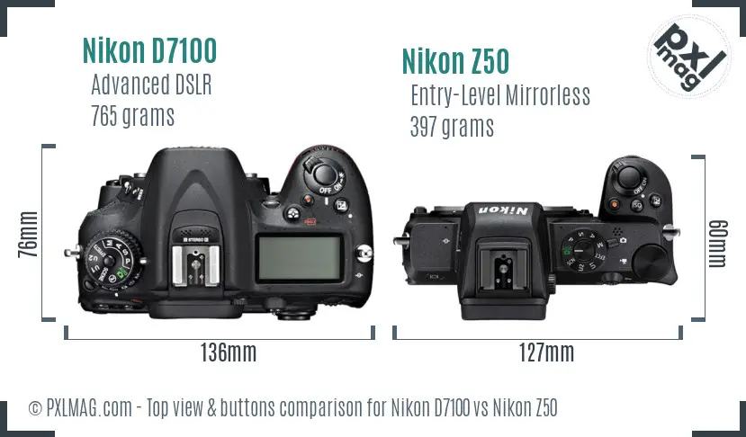 Nikon D7100 vs Nikon Z50 top view buttons comparison