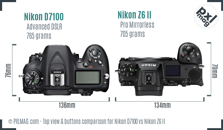 Nikon D7100 vs Nikon Z6 II top view buttons comparison