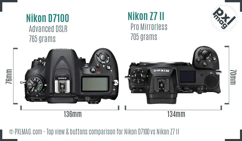 Nikon D7100 vs Nikon Z7 II top view buttons comparison Nikon D7100 vs Nikon Z7 II top view buttons comparison