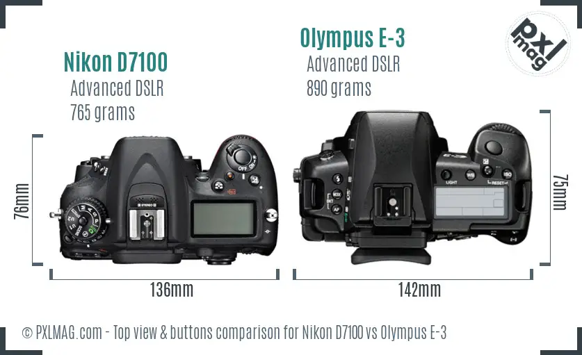 Nikon D7100 vs Olympus E-3 top view buttons comparison