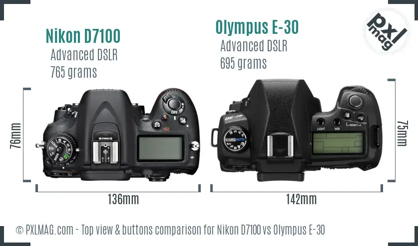Nikon D7100 vs Olympus E-30 top view buttons comparison