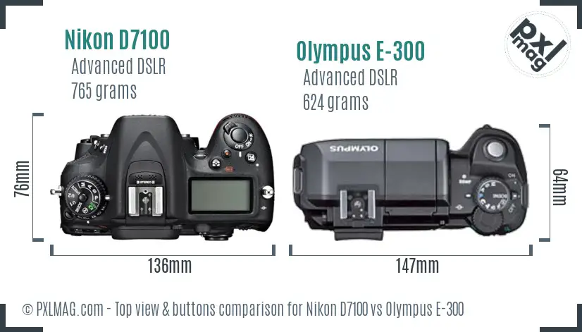 Nikon D7100 vs Olympus E-300 top view buttons comparison Nikon D7100 vs Olympus E-300 top view buttons comparison