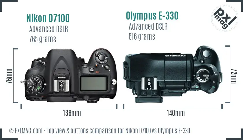 Nikon D7100 vs Olympus E-330 top view buttons comparison