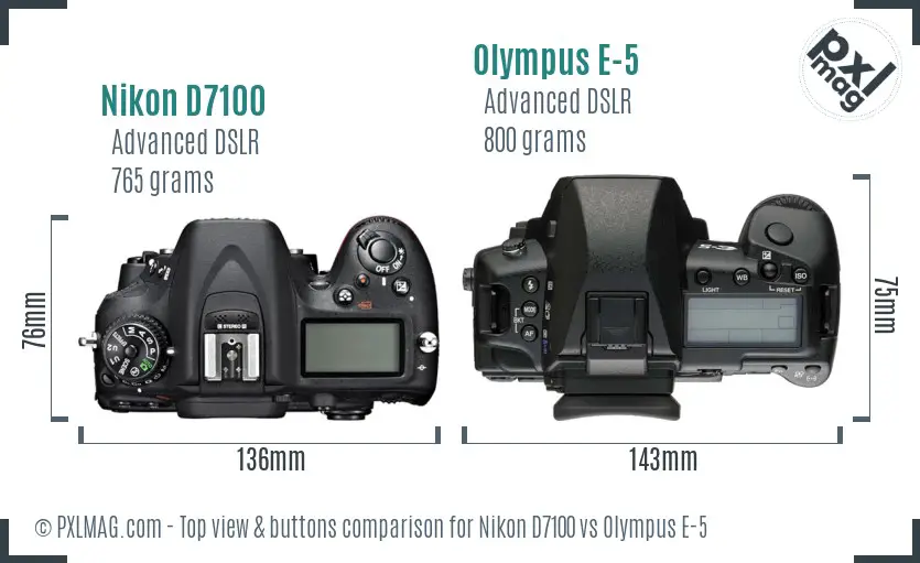 Nikon D7100 vs Olympus E-5 top view buttons comparison