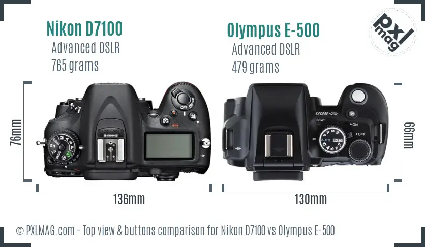 Nikon D7100 vs Olympus E-500 top view buttons comparison