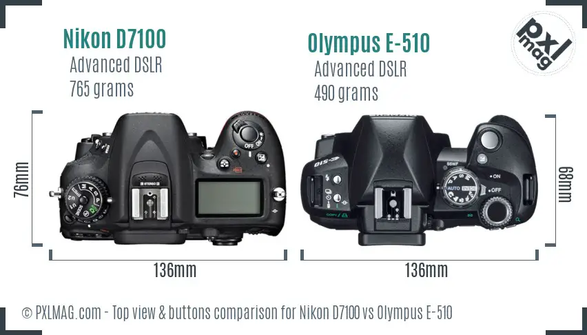 Nikon D7100 vs Olympus E-510 top view buttons comparison