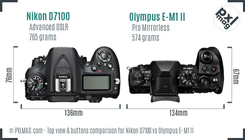 Nikon D7100 vs Olympus E-M1 II top view buttons comparison Nikon D7100 vs Olympus E-M1 II top view buttons comparison