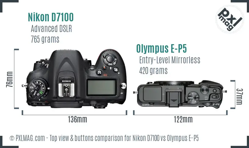 Nikon D7100 vs Olympus E-P5 top view buttons comparison