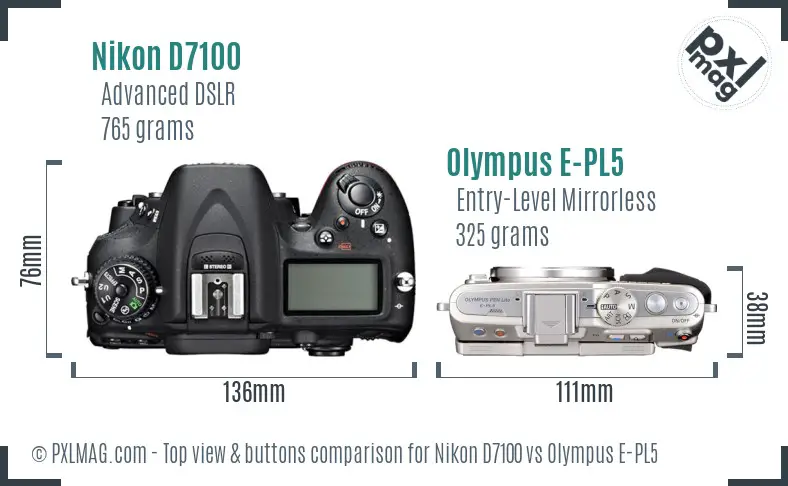Nikon D7100 vs Olympus E-PL5 top view buttons comparison
