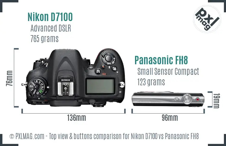 Nikon D7100 vs Panasonic FH8 top view buttons comparison