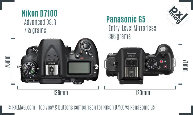 Nikon D7100 vs Panasonic G5 top view buttons comparison