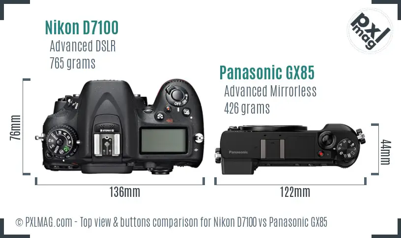 Nikon D7100 vs Panasonic GX85 top view buttons comparison Nikon D7100 vs Panasonic GX85 top view buttons comparison