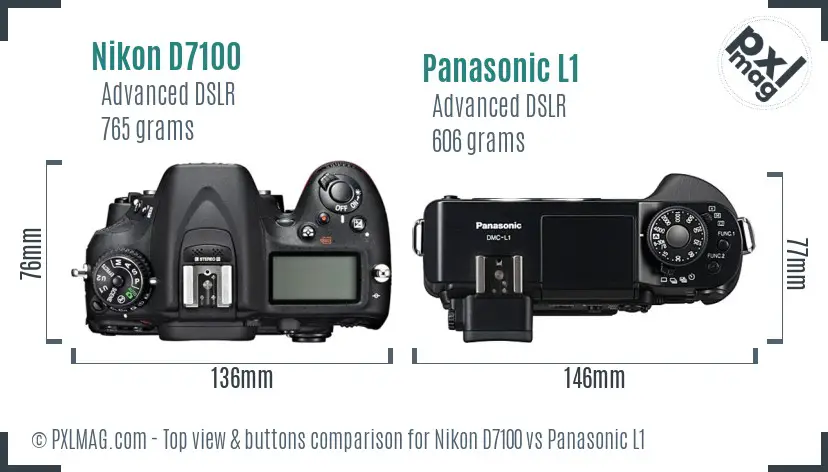 Nikon D7100 vs Panasonic L1 top view buttons comparison Nikon D7100 vs Panasonic L1 top view buttons comparison