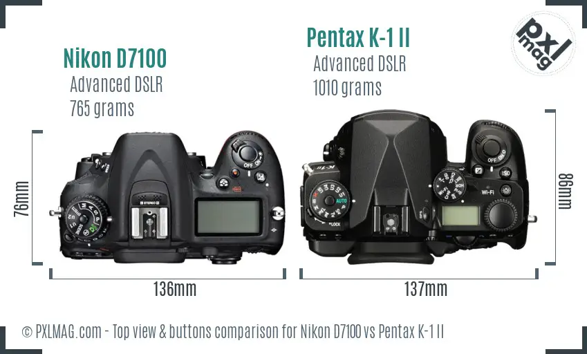 Nikon D7100 vs Pentax K-1 II top view buttons comparison