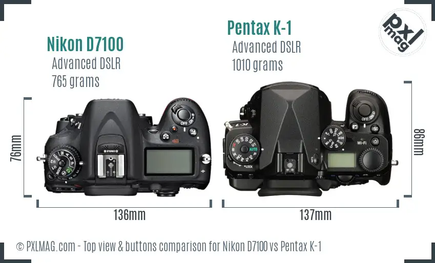Nikon D7100 vs Pentax K-1 top view buttons comparison