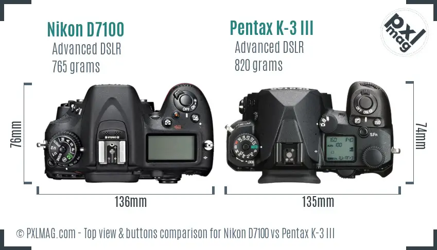 Nikon D7100 vs Pentax K-3 III top view buttons comparison