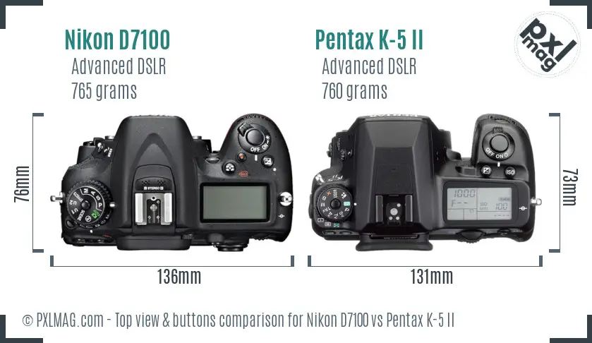 Nikon D7100 vs Pentax K-5 II top view buttons comparison