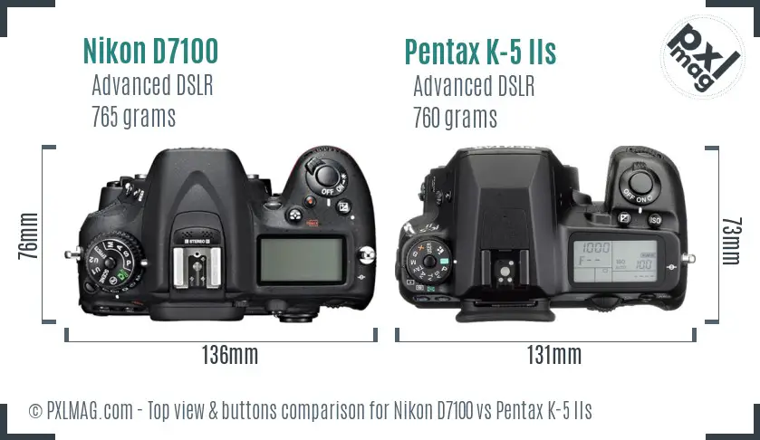 Nikon D7100 vs Pentax K-5 IIs top view buttons comparison