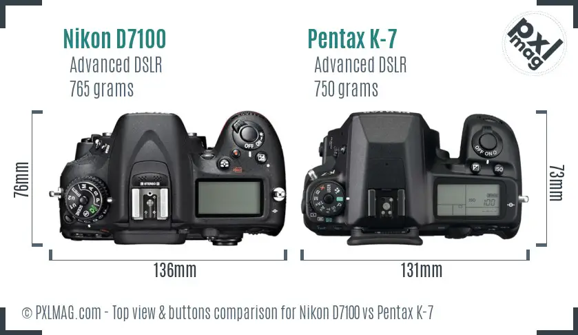 Nikon D7100 vs Pentax K-7 top view buttons comparison