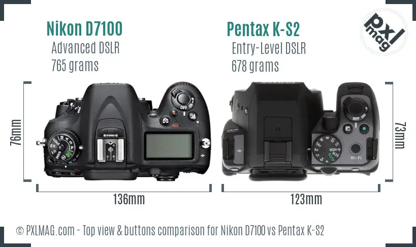 Nikon D7100 vs Pentax K-S2 top view buttons comparison Nikon D7100 vs Pentax K-S2 top view buttons comparison