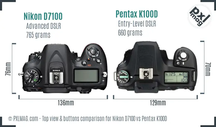 Nikon D7100 vs Pentax K100D top view buttons comparison
