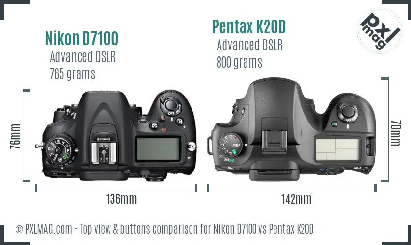 Nikon D7100 vs Pentax K20D top view buttons comparison
