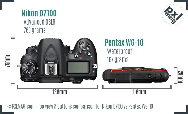 Nikon D7100 vs Pentax WG-10 top view buttons comparison